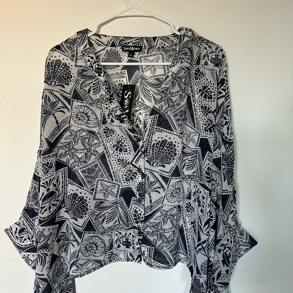 Sara Michelle Boho Kimono Sleeve Crop Blouse Black White Tropical print NWT XL